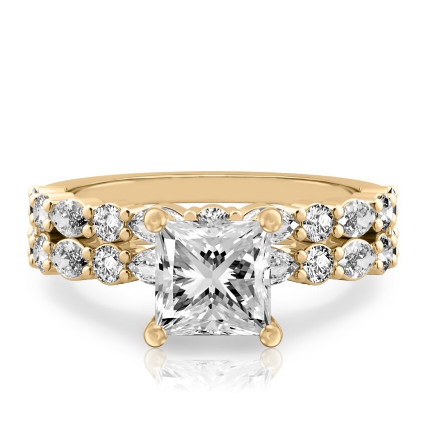 princess cut diamond hidden halo marquise and round diamond ring set yellow gold