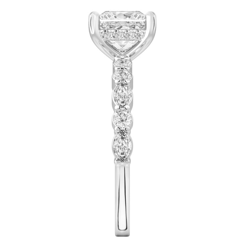 Side view of princess cut diamond hidden halo marquise and round diamond ring white gold