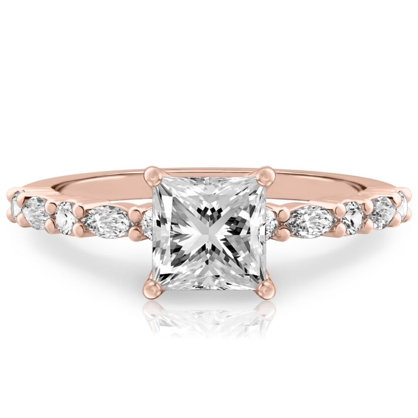princess cut diamond marquise and round diamond ring rose gold