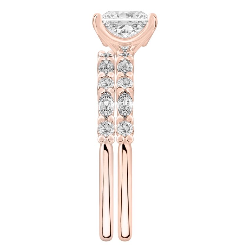 Side view of princess cut diamond marquise and round diamond ring set rose gold