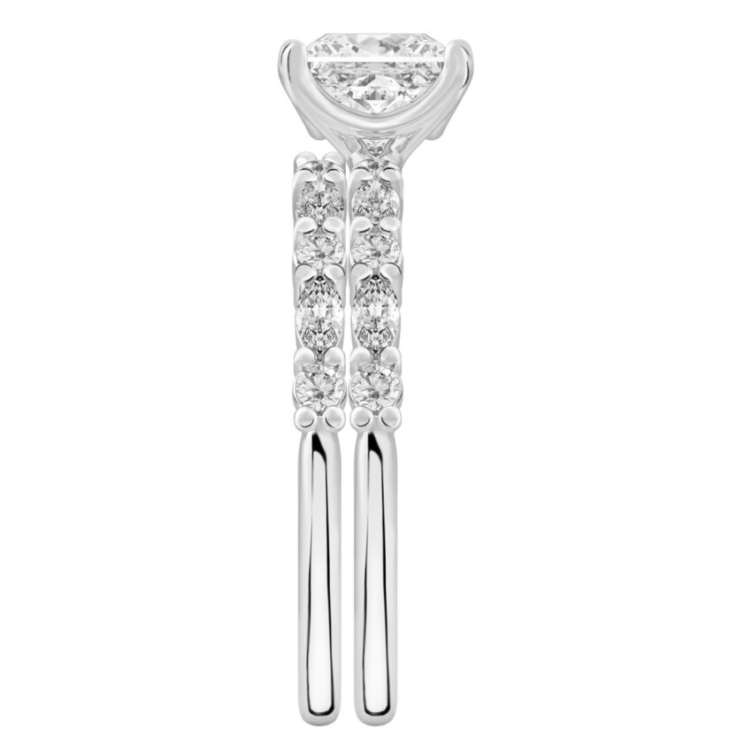 Side view of princess cut diamond marquise and round diamond ring set white gold