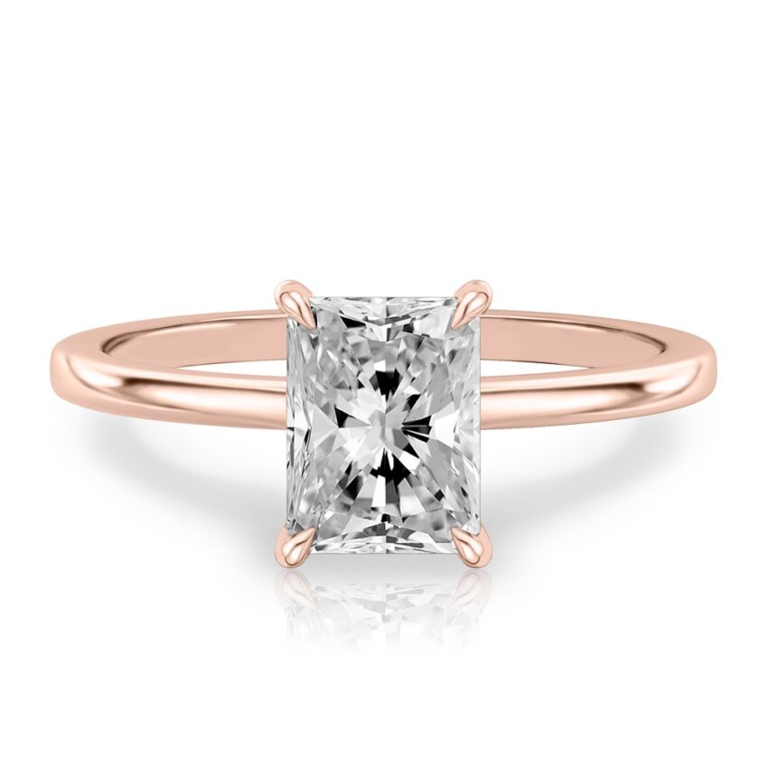 radiant cut diamond hidden halo engagement ring in rose gold