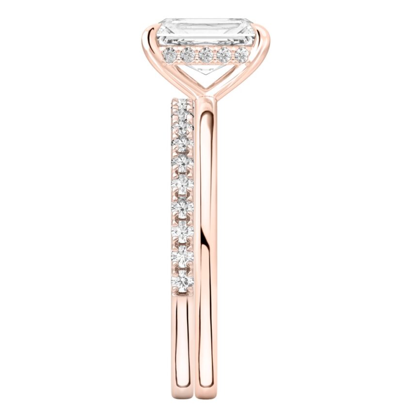 Side view of radiant cut diamond hidden halo engagement ring set rose gold