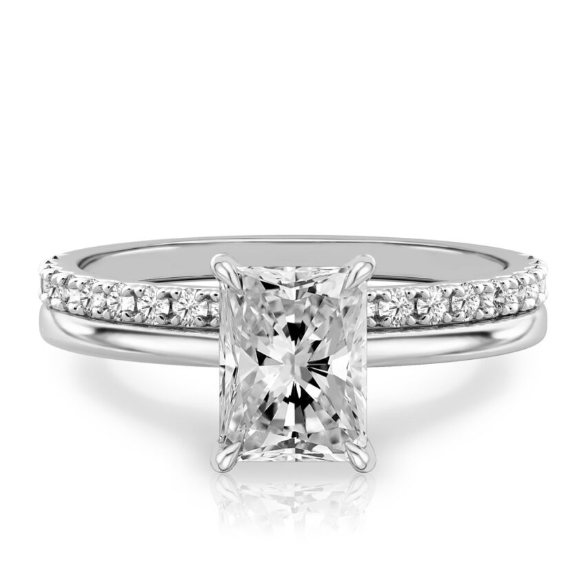 radiant cut diamond hidden halo engagement ring set white gold