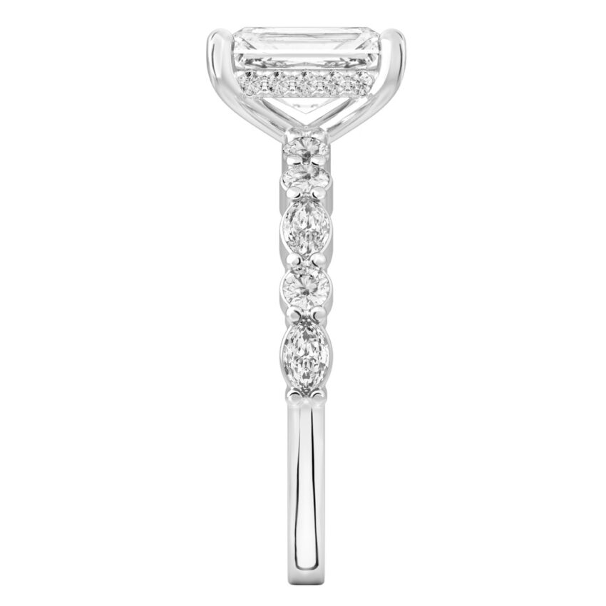 Side view of radiant cut diamond hidden halo marquise and round diamond ring platinum