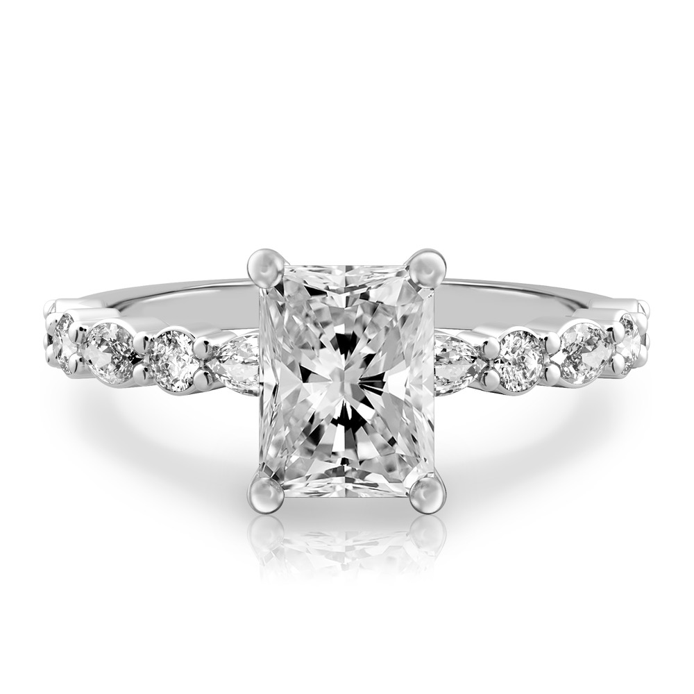 radiant cut diamond hidden halo marquise and round diamond ring platinum