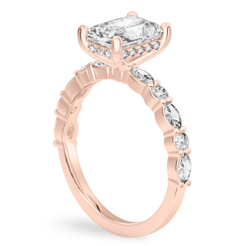 Angle view of radiant cut diamond hidden halo marquise and round diamond ring rose gold