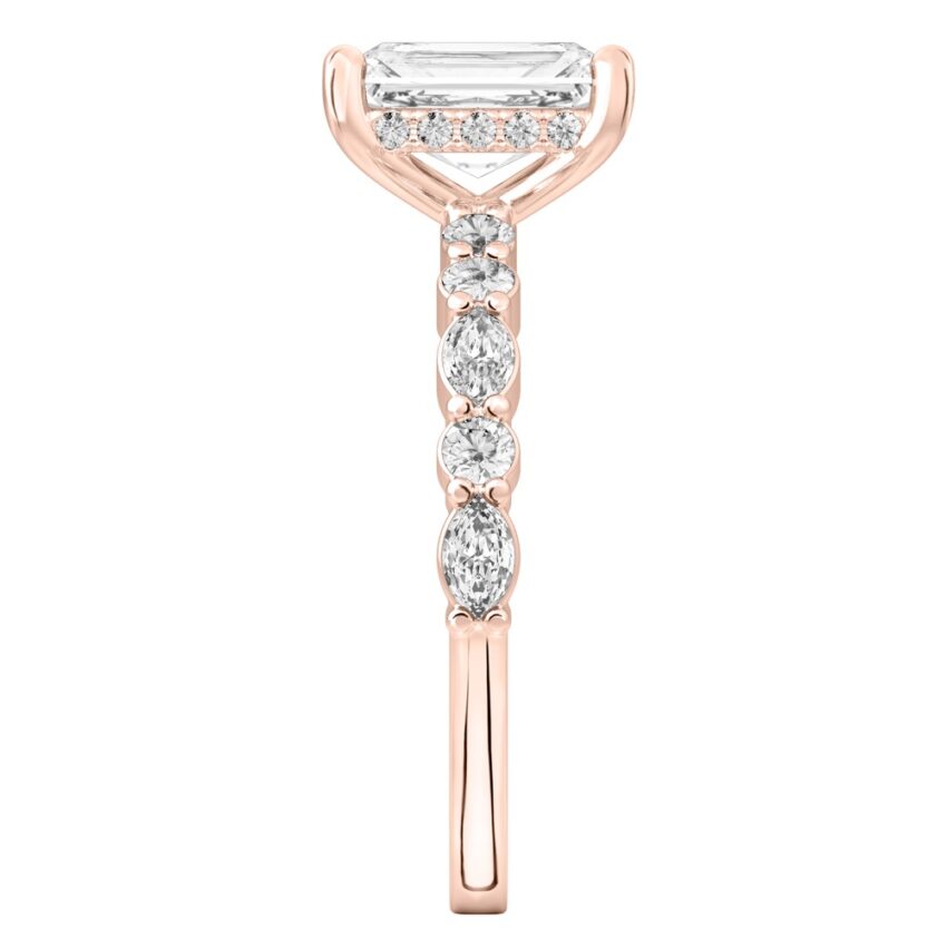 Side view of radiant cut diamond hidden halo marquise and round diamond ring rose gold