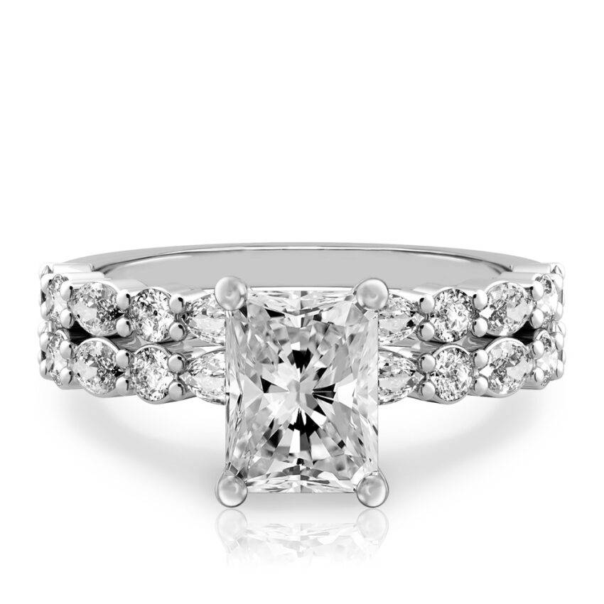 radiant cut diamond hidden halo marquise and round diamond ring set white gold