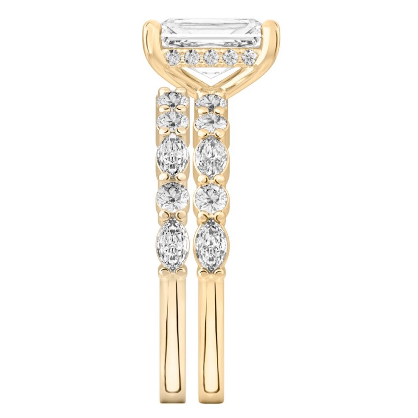 Side view of radiant cut diamond hidden halo marquise and round diamond ring set yellow gold