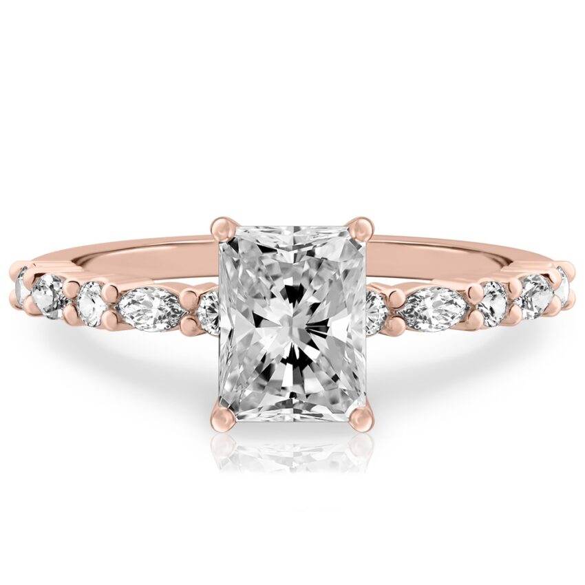 radiant cut diamond marquise and round diamond ring rose gold