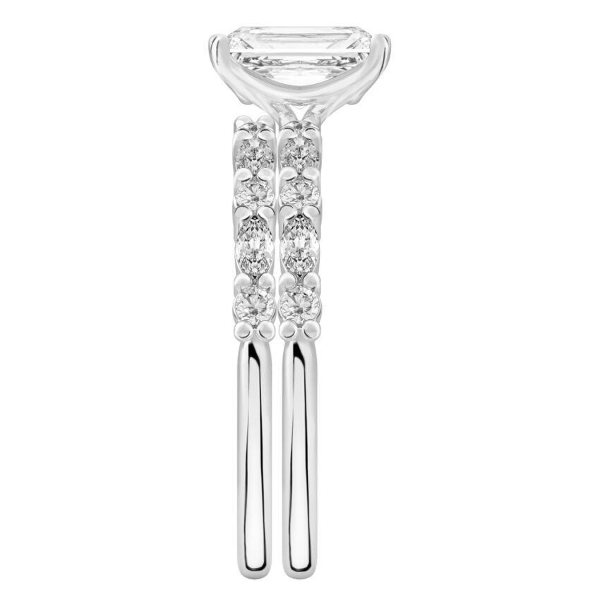 Side view of radiant cut diamond marquise and round diamond ring set platinum