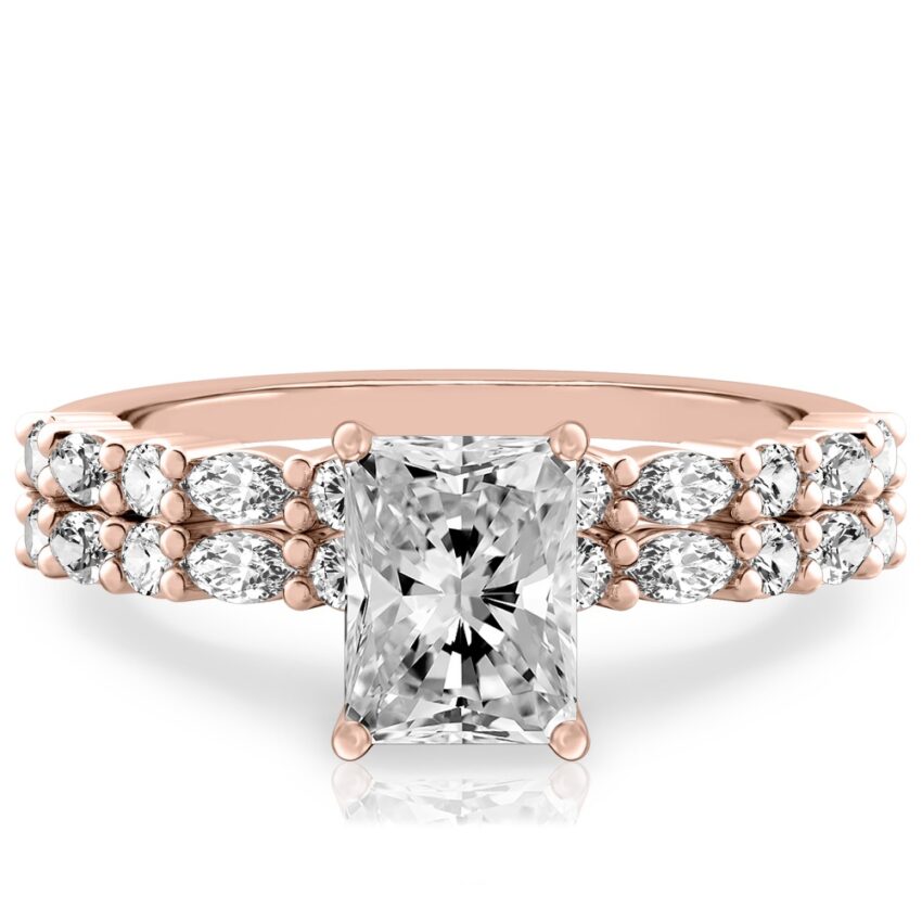 radiant cut diamond marquise and round diamond ring set rose gold