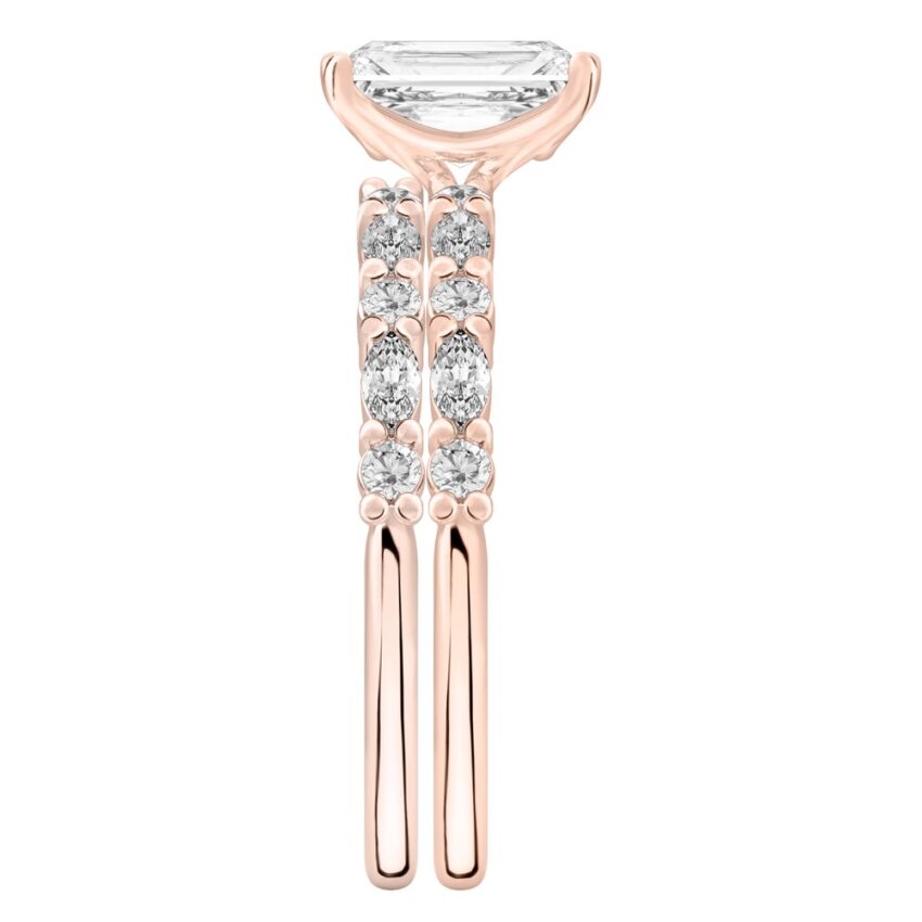 Side view of radiant cut diamond marquise and round diamond ring set rose gold