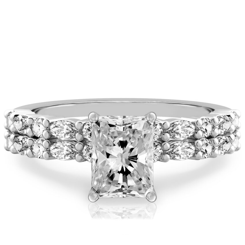 radiant cut diamond marquise and round diamond ring set white gold