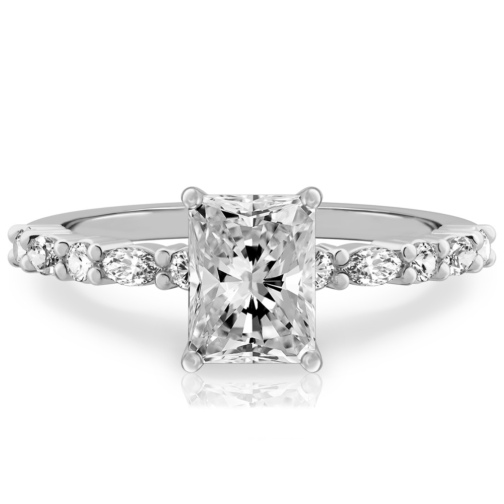 radiant cut diamond marquise and round diamond ring white gold