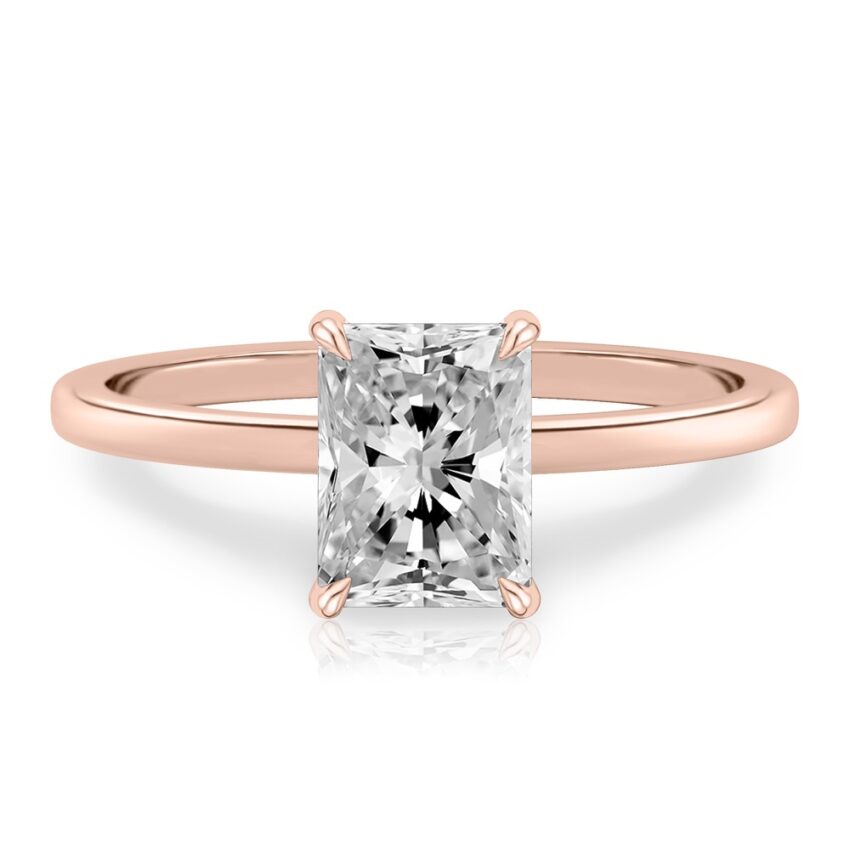 radiant cut diamond ultra low hidden halo engagement ring in rose gold