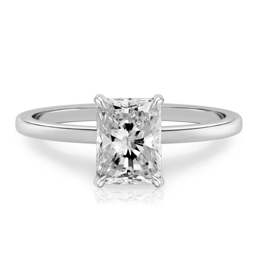 radiant cut diamond ultra low hidden halo engagement ring in white gold