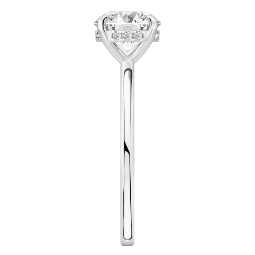 Side view of round cut diamond flush hidden halo engagement ring in palladium