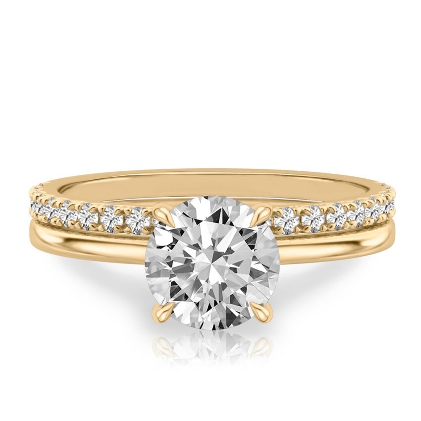 round cut diamond flush hidden halo engagement ring set yellow gold