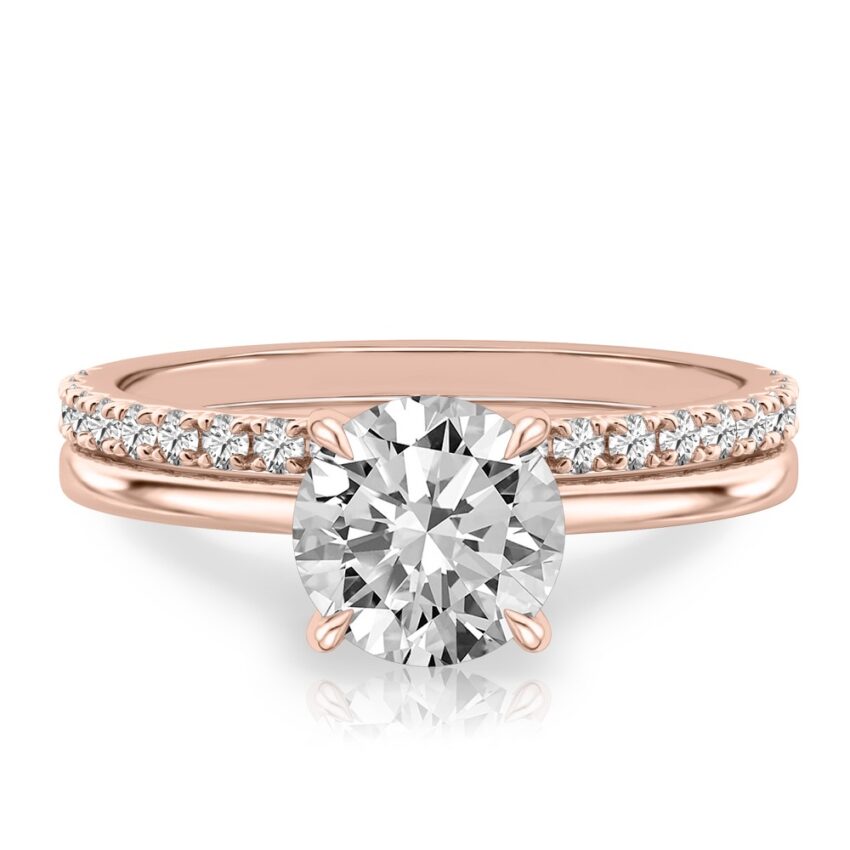 round cut diamond hidden halo engagement ring set rose gold
