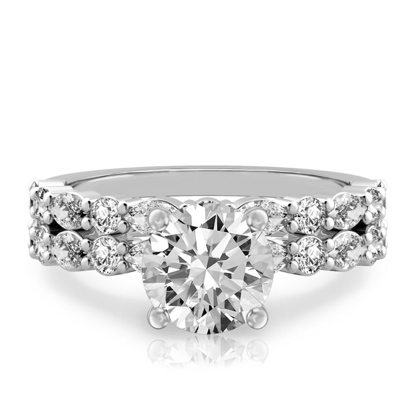 round cut diamond hidden halo marquise and round diamond ring set platinum