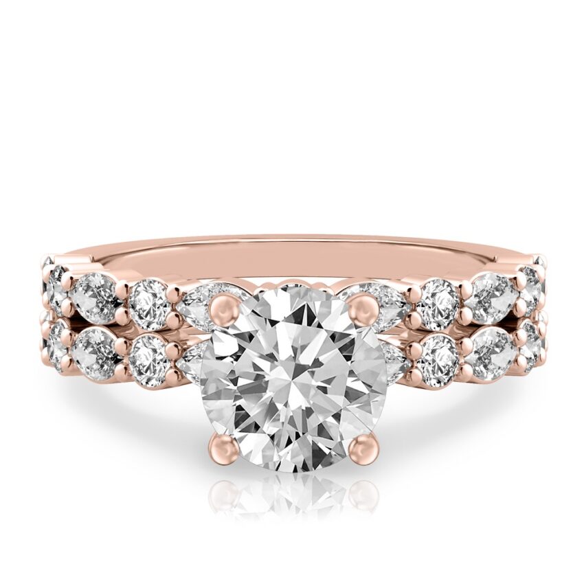 round cut diamond hidden halo marquise and round diamond ring set rose gold