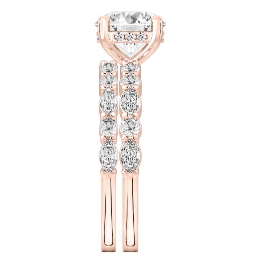 Side view of round cut diamond hidden halo marquise and round diamond ring set rose gold