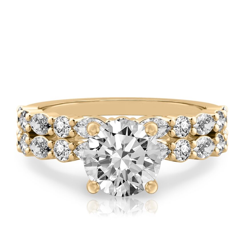 round cut diamond hidden halo marquise and round diamond ring set yellow gold