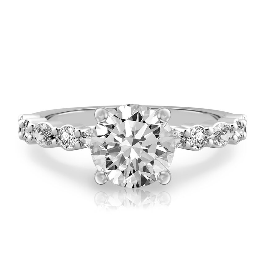 round cut diamond hidden halo marquise and round diamond ring white gold
