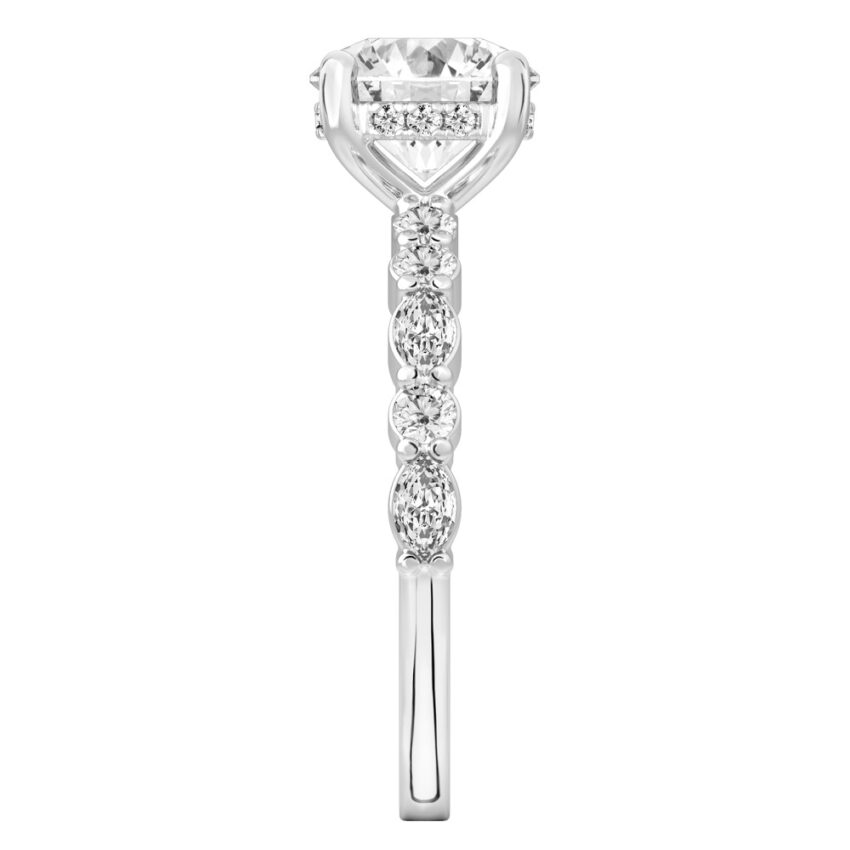 Side view of round cut diamond hidden halo marquise and round diamond ring white gold