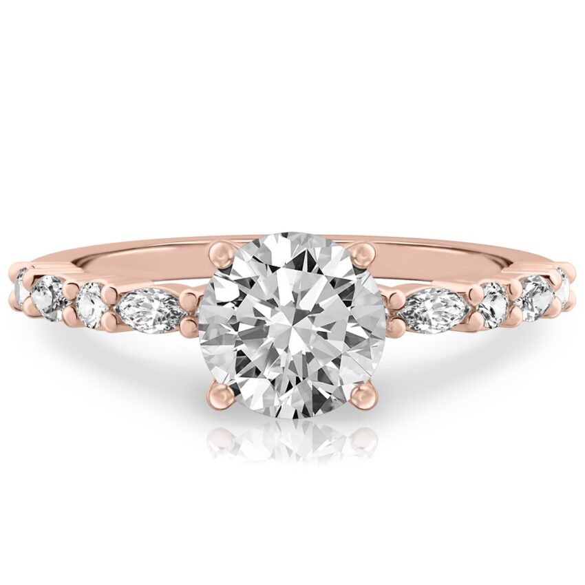 round cut diamond marquise and round diamond ring rose gold