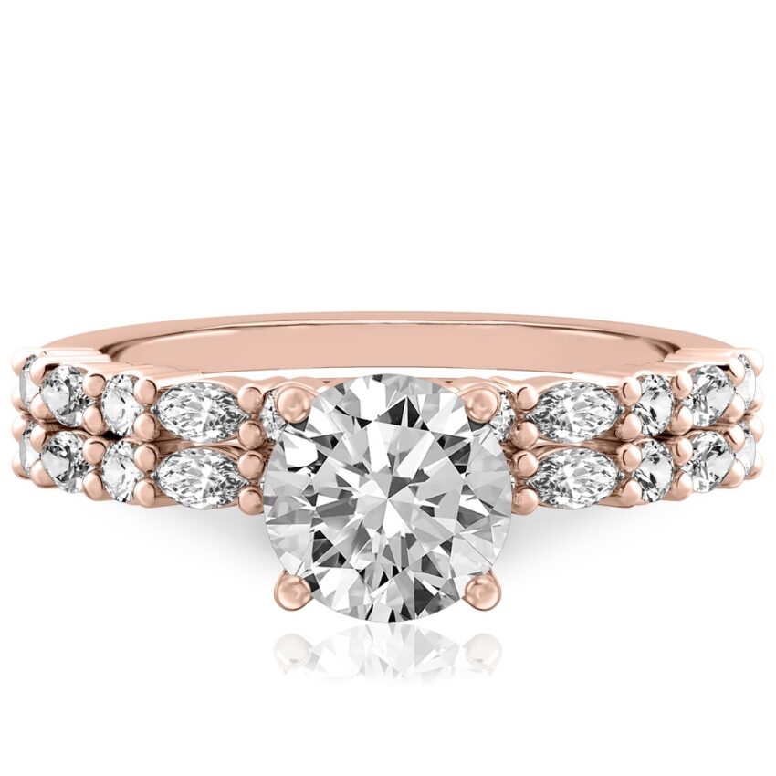 round cut diamond marquise and round diamond ring set rose gold