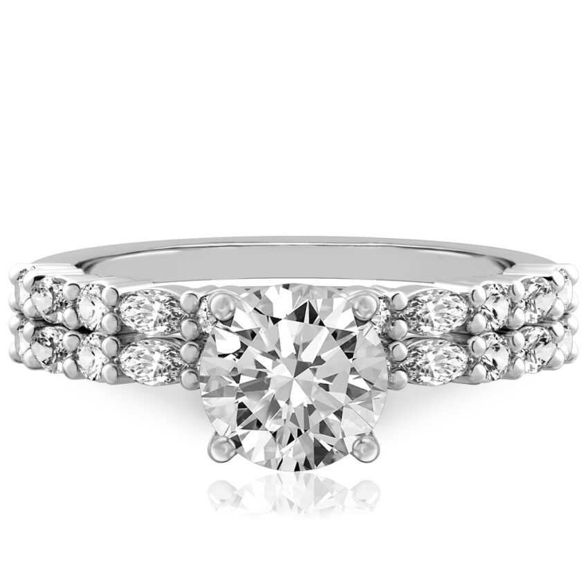 round cut diamond marquise and round diamond ring set white gold
