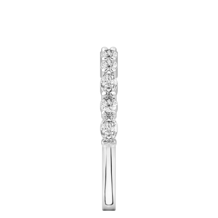 Side view of shared prong marquise and round diamond band platinum