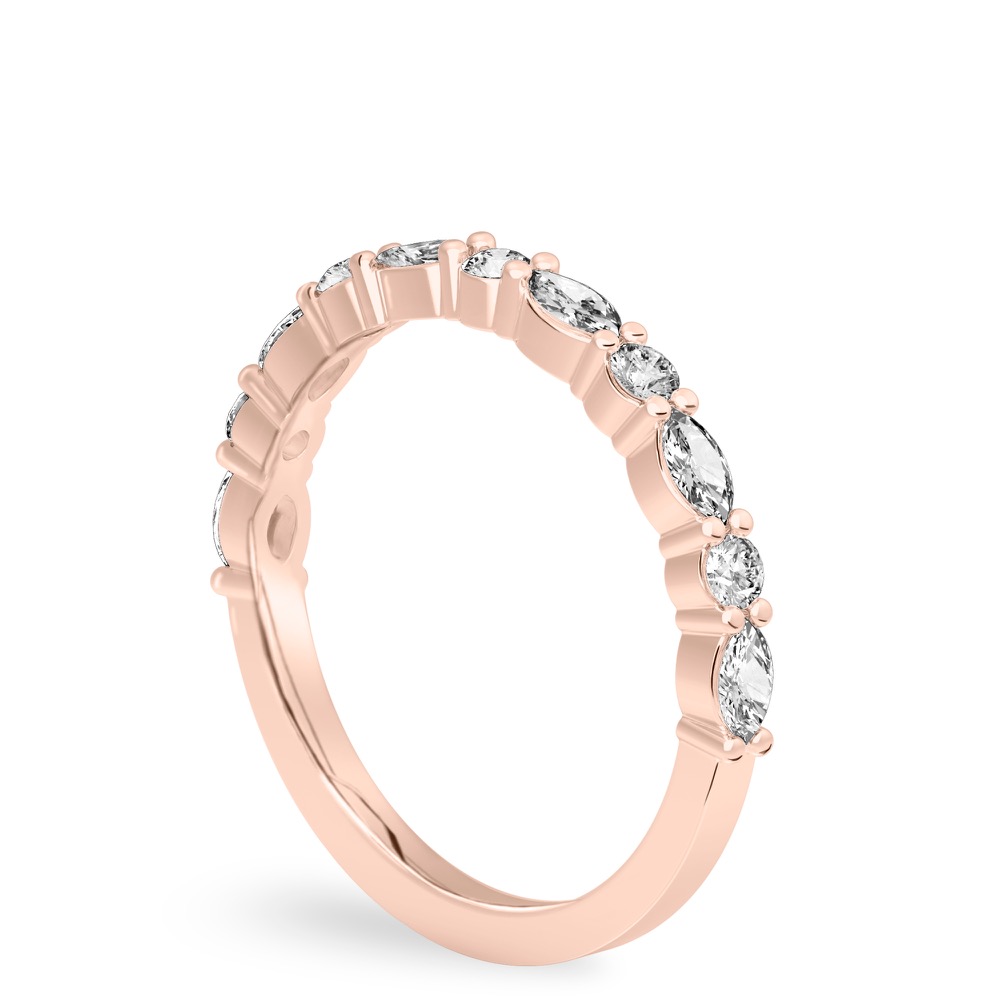 Angle view of shared prong marquise and round diamond band rose gold