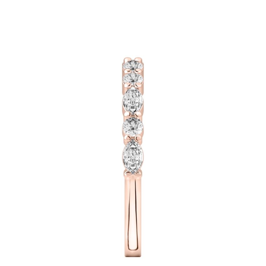 Side view of shared prong marquise and round diamond band rose gold