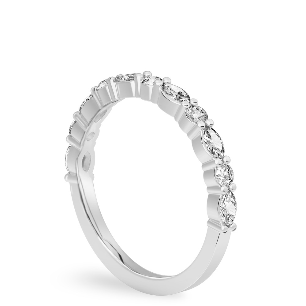 Angle view of shared prong marquise and round diamond band white gold