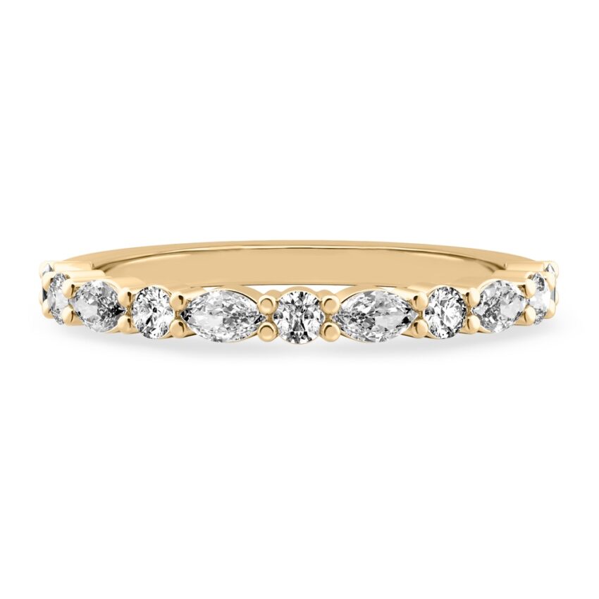 shared prong marquise and round diamond band yellow gold