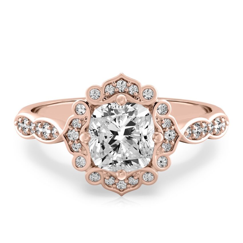 cushion cut diamond floral engagement ring in rose gold