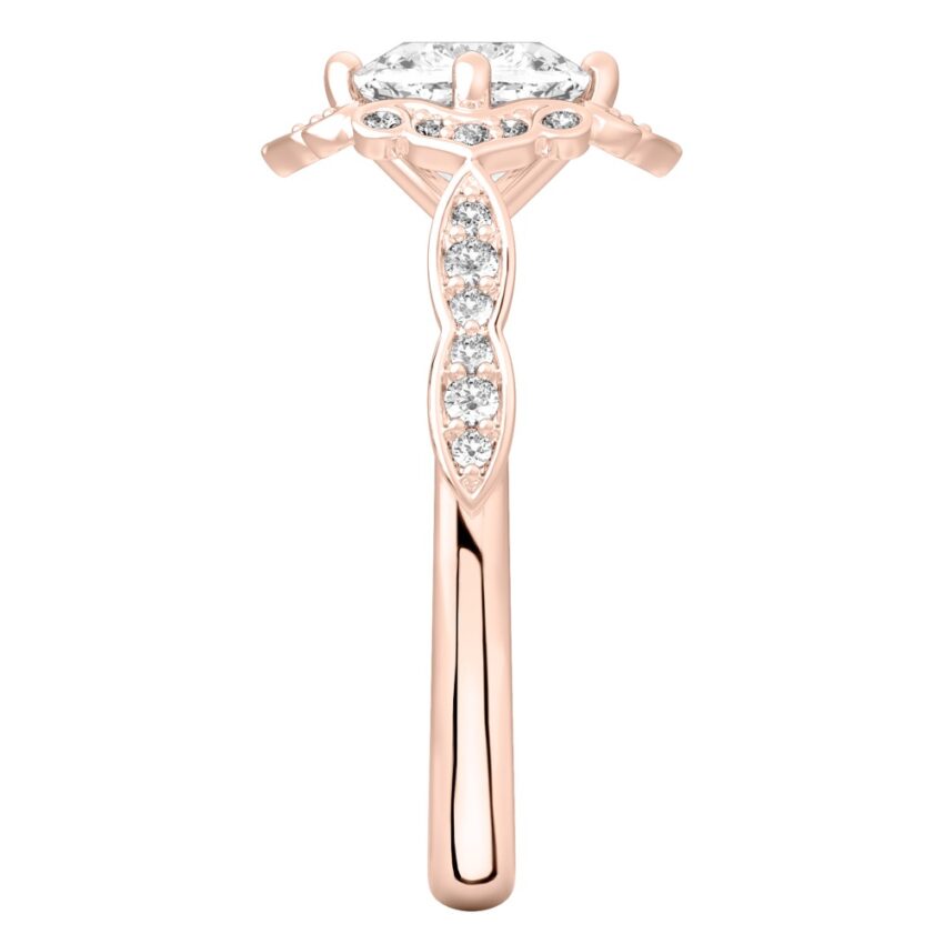 Side view of cushion cut diamond floral engagement ring in rose gold