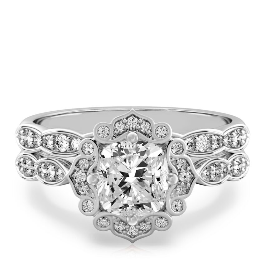 cushion cut diamond floral engagement ring set platinum