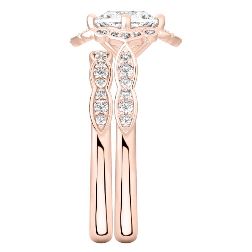 Side view of cushion cut diamond floral engagement ring set rose gold