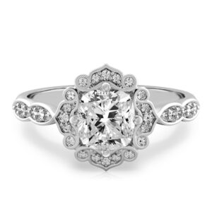 cushion cut diamond floral engagement ring in white gold