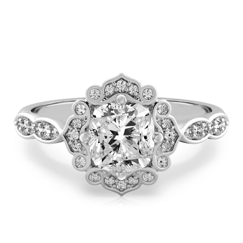 cushion cut diamond floral engagement ring in white gold
