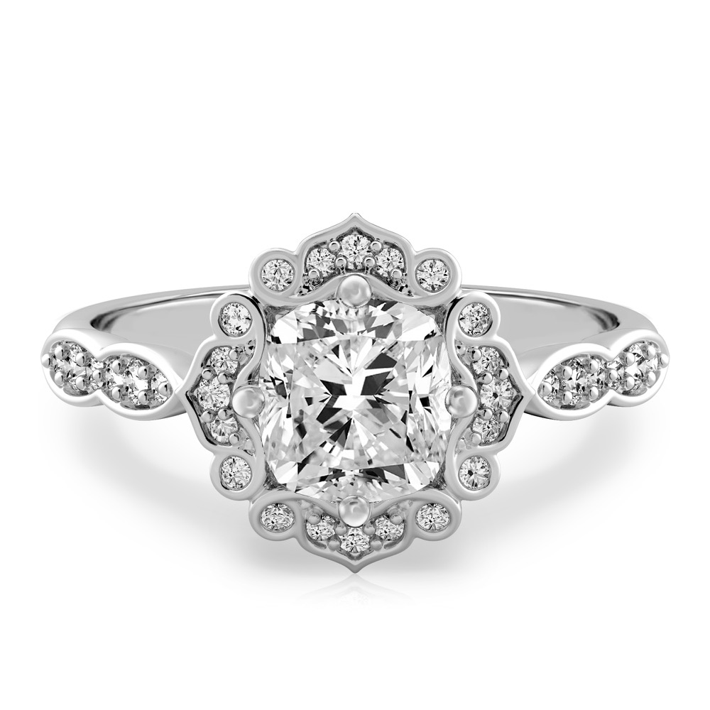 cushion cut diamond floral engagement ring in white gold