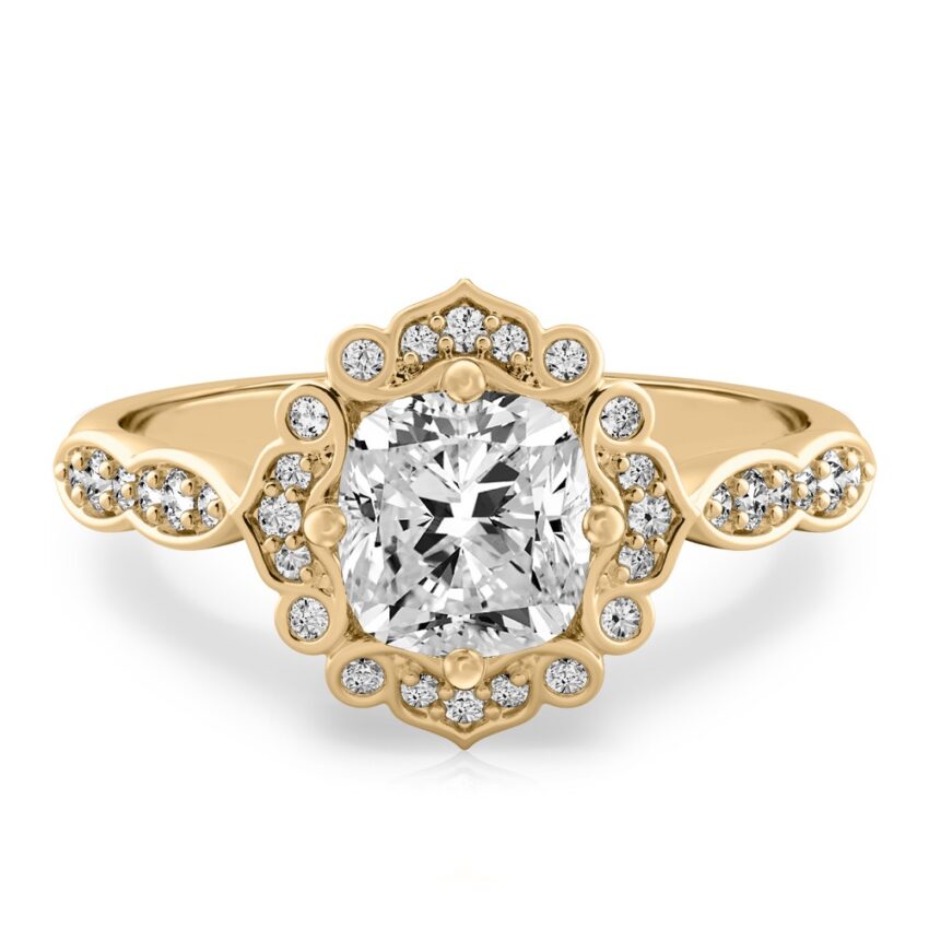 cushion cut diamond floral engagement ring in yellow gold