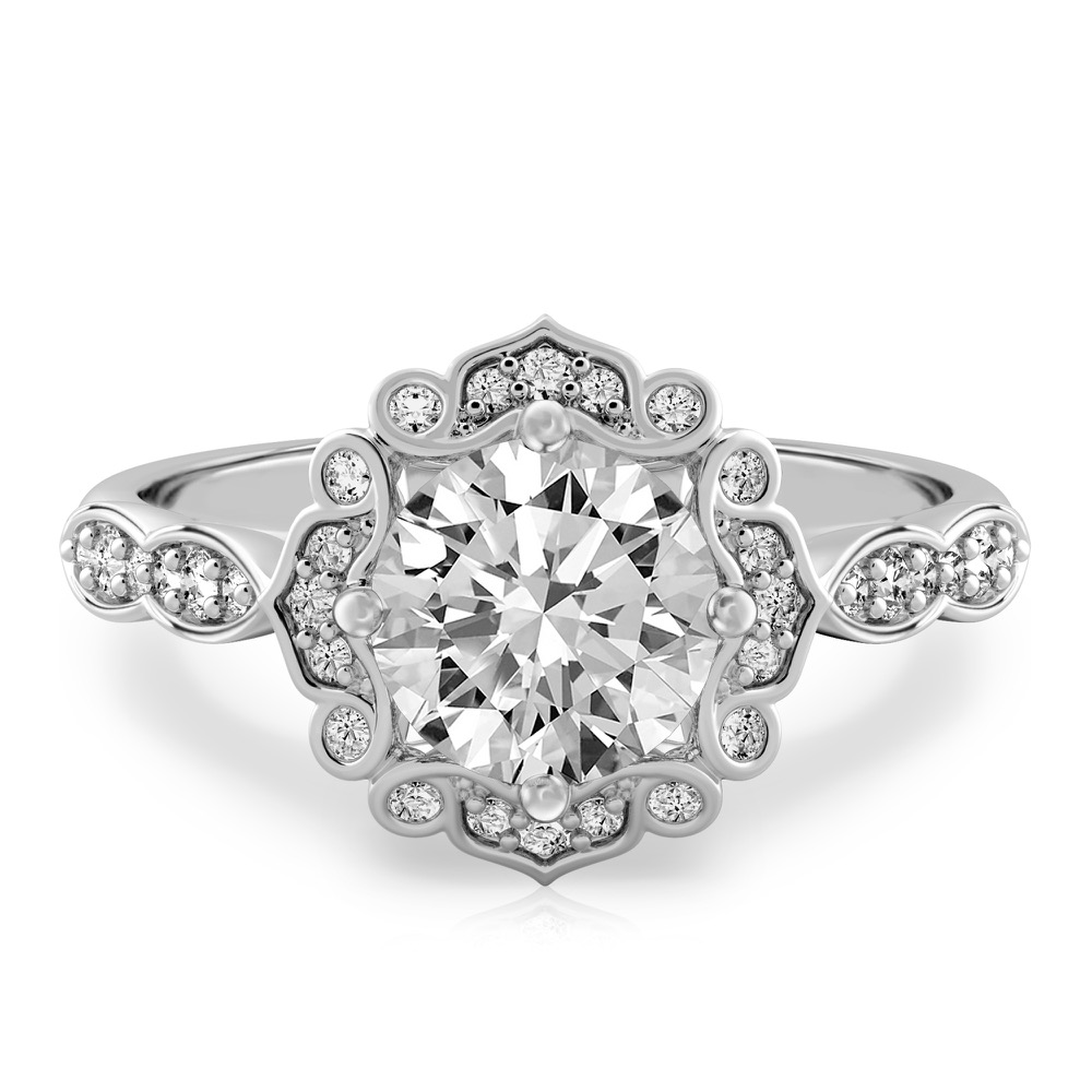 round cut diamond floral engagement ring in palladium