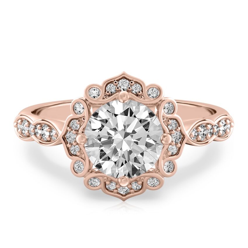 round cut diamond floral engagement ring in rose gold