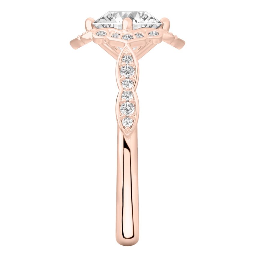 Side view of round cut diamond floral engagement ring in rose gold